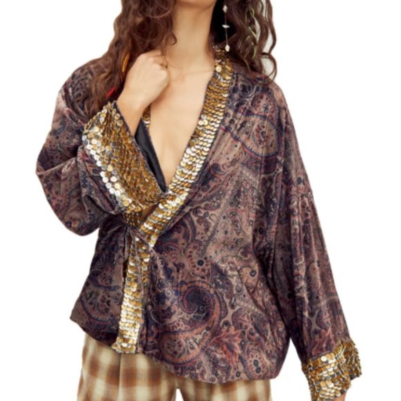 Free People Layla Embellished Kimono Jacket M NWT - Picture 1 of 13